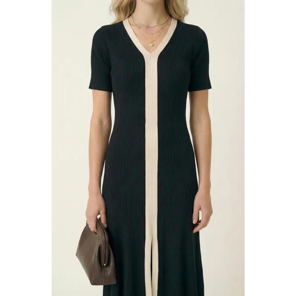 Nordstrom - Black Ribbed Knit Dress with Beige Trim and V-Neck - Medium